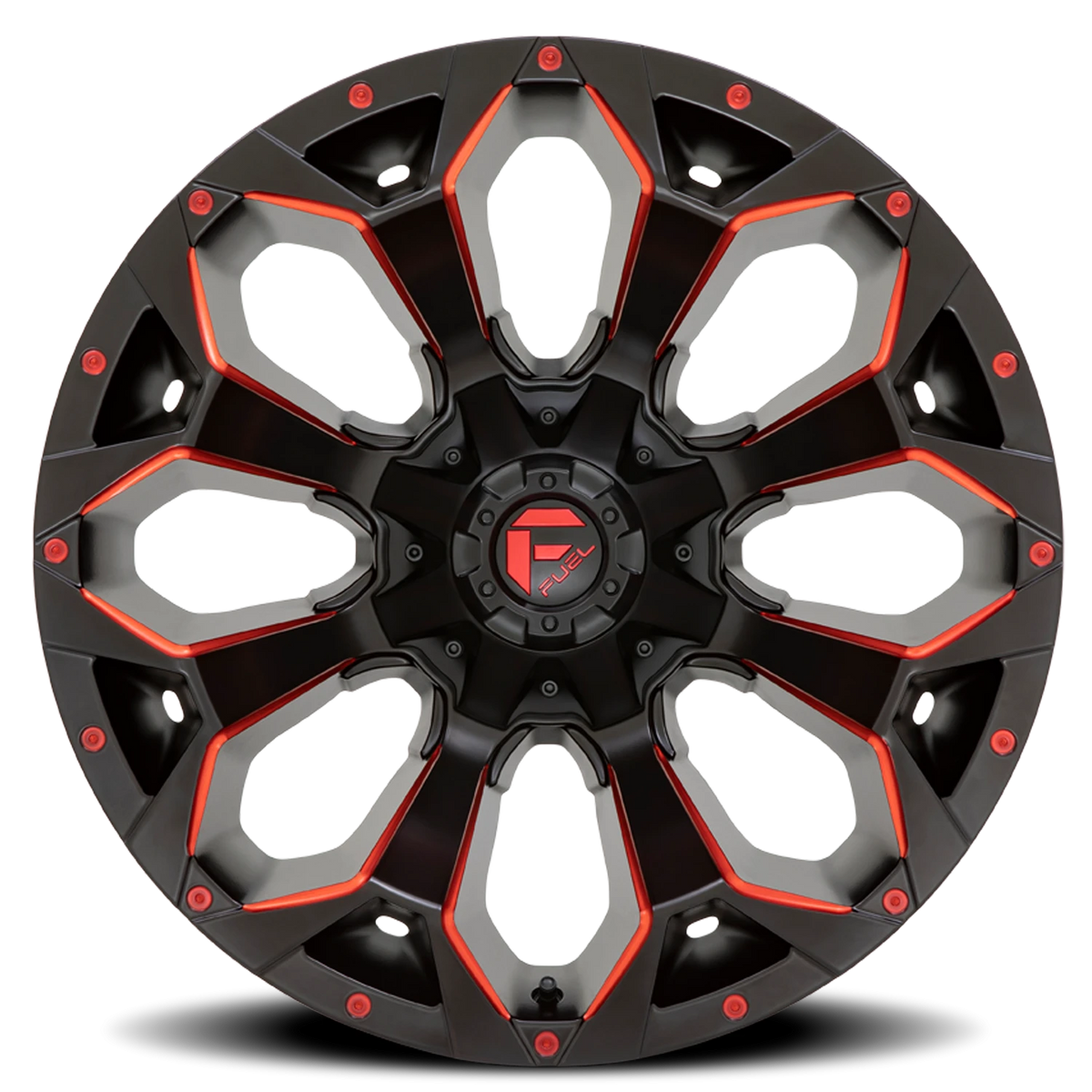 Fuel Assault 20x9 +1 8x180mm 124.2mm Matte Black Milled-Red Tint