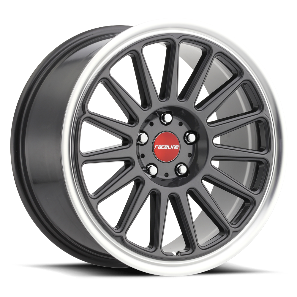 Raceline Grip 17x8" 5x100mm 72.6mm CB +30mm Gloss Gunmetal Machined Lip-Red Logo