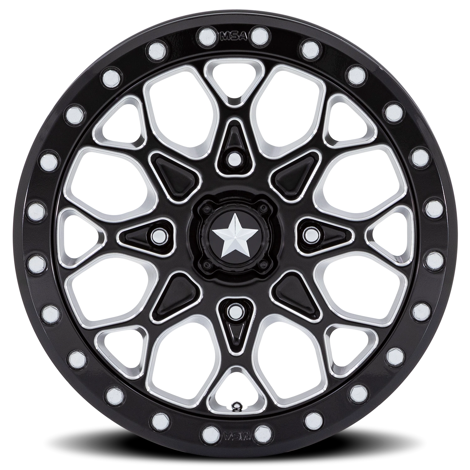 MSA Portal Beadlock 15x6" 4x110mm 86mm CB +38mm Gloss Black Milled-Gloss Black Ring