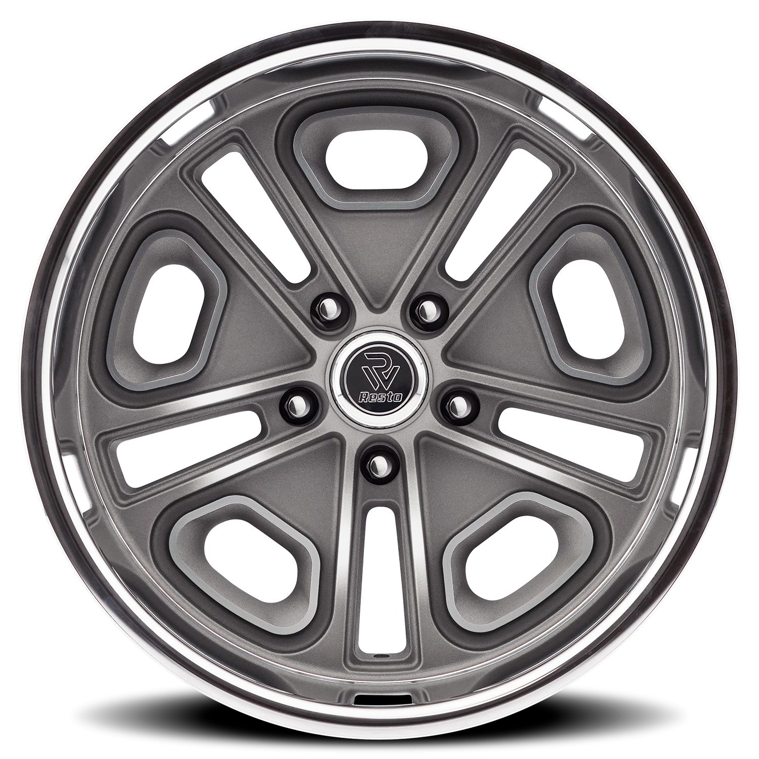 Resto R102 GUN 22x10.5" 5x114.3mm 72.69mm CB +1mm Textured Gunmetal Milled Window-Diamond Cut Lip