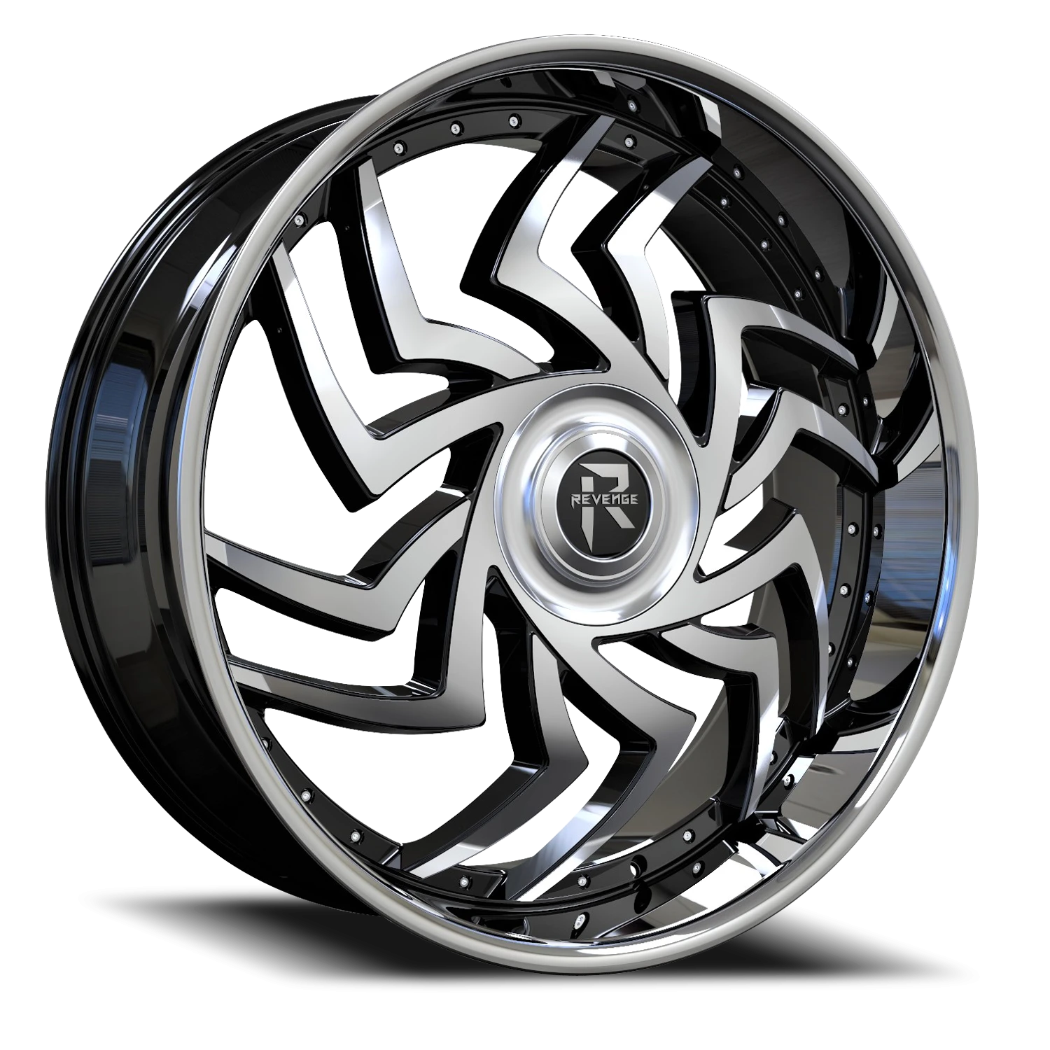 Revenge Luxury RL107-Big Floater Cap Special Edition 24x9" 6x135mm 87.1mm CB +25mm Machined Black Chrome Stainless Steel Lip