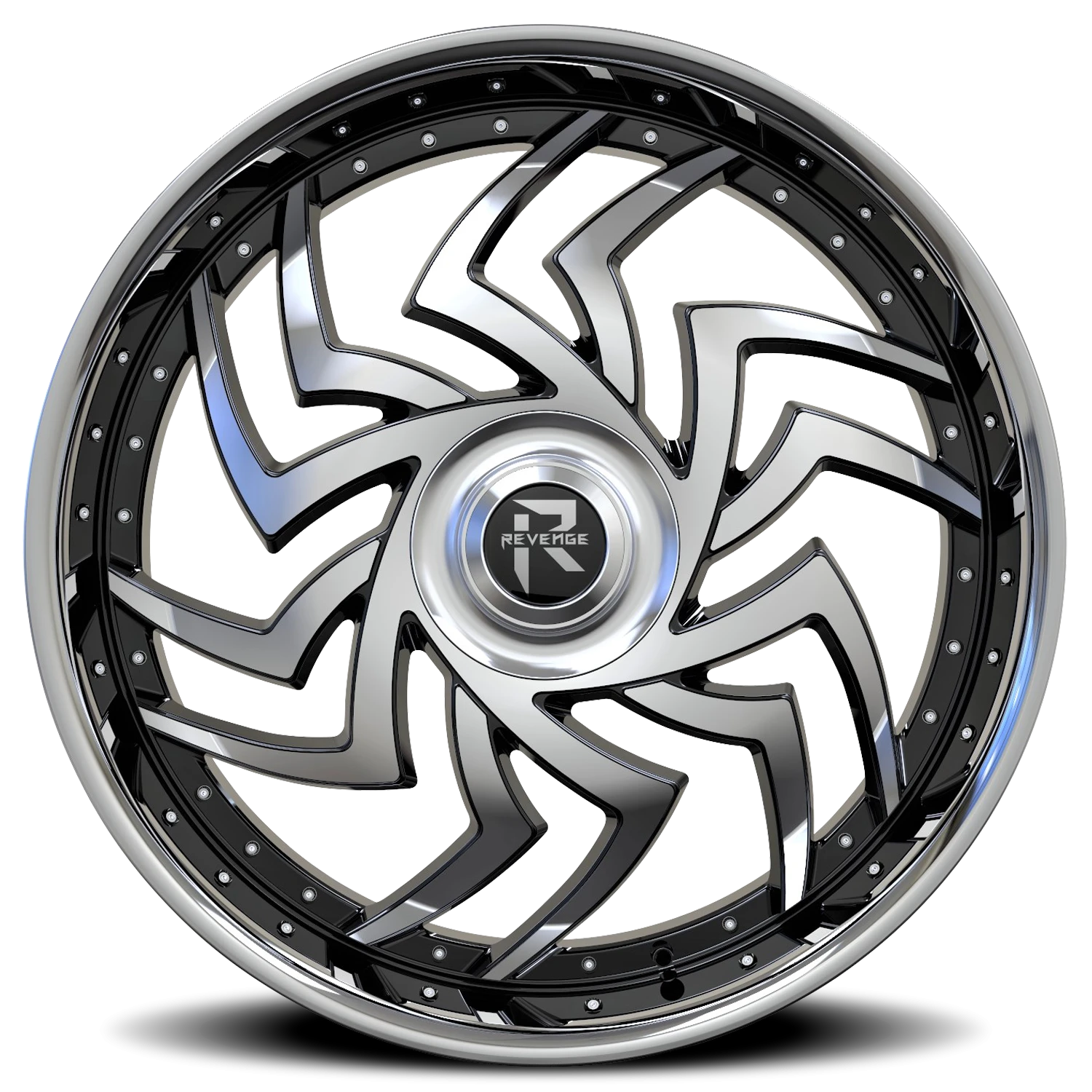 Revenge Luxury RL107-Big Floater Cap Special Edition 24x9" 6x135mm 87.1mm CB +25mm Machined Black Chrome Stainless Steel Lip