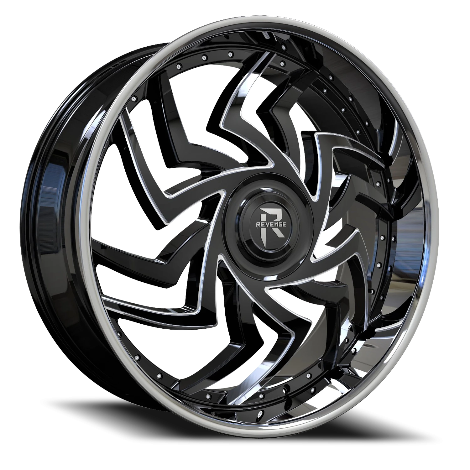 Revenge Luxury RL107-Big Floater Cap Special Edition 24x9" 5x115mm 78.1mm CB +15mm Black Milled Windows-Chrome Stainless Steel Lip