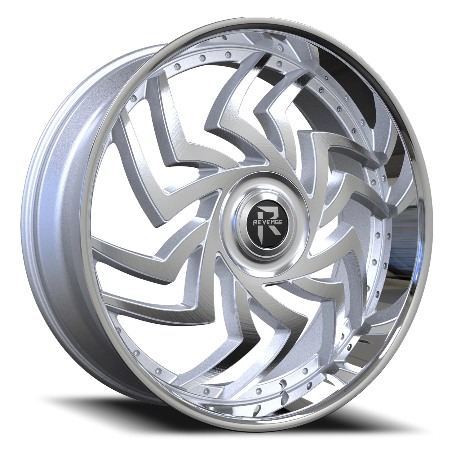 Revenge Luxury RL107-Big Floater Cap Special Edition 26x9.5" 6x135mm 87.1mm CB +25mm Brushed Silver Chrome Stainless Steel Lip