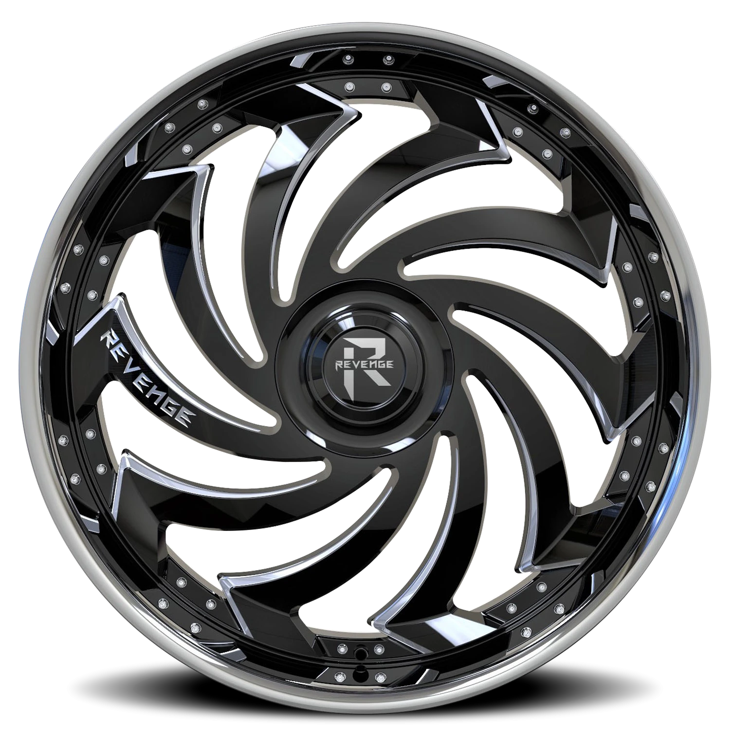 Revenge Luxury RL108-Big Floater Cap Special Edition 26x9.5" 6x135mm 87.1mm CB +25mm Black Milled Windows-Chrome Stainless Steel Lip