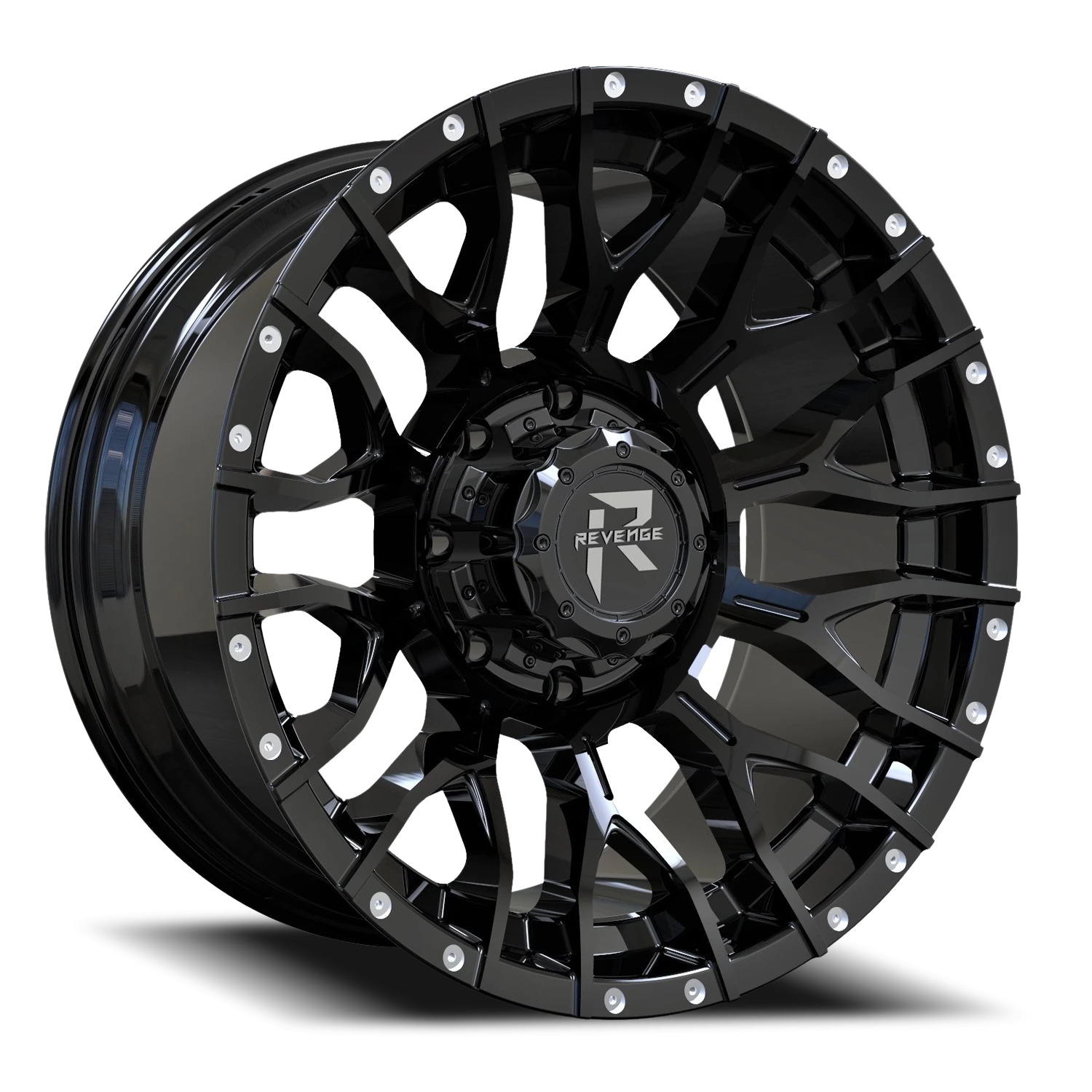 Revenge Offroad RV201 20x10" 8x180mm 125.2mm CB -19mm Gloss Black Rivets
