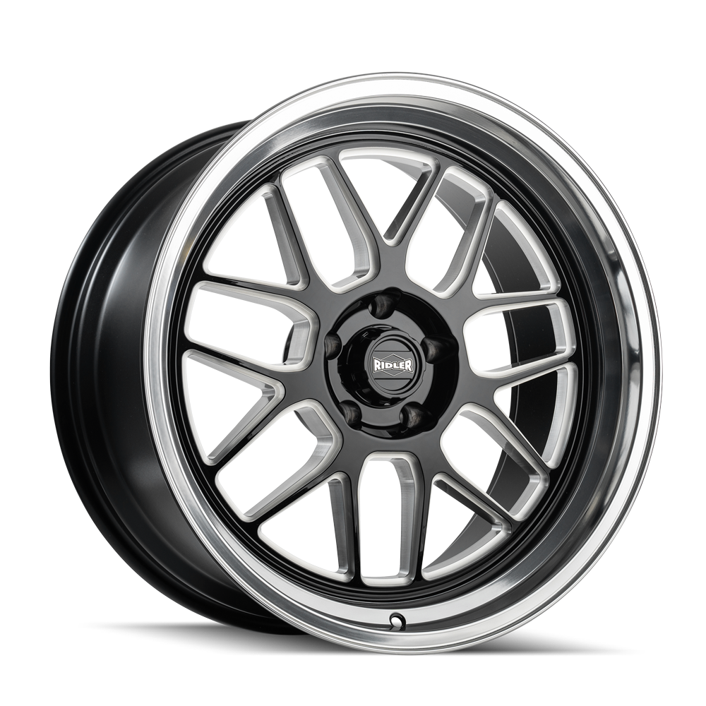 Ridler 611 18x8" 5x114.3mm 83.82mm CB 0mm Gloss Black Milled-Diamond Cut Lip