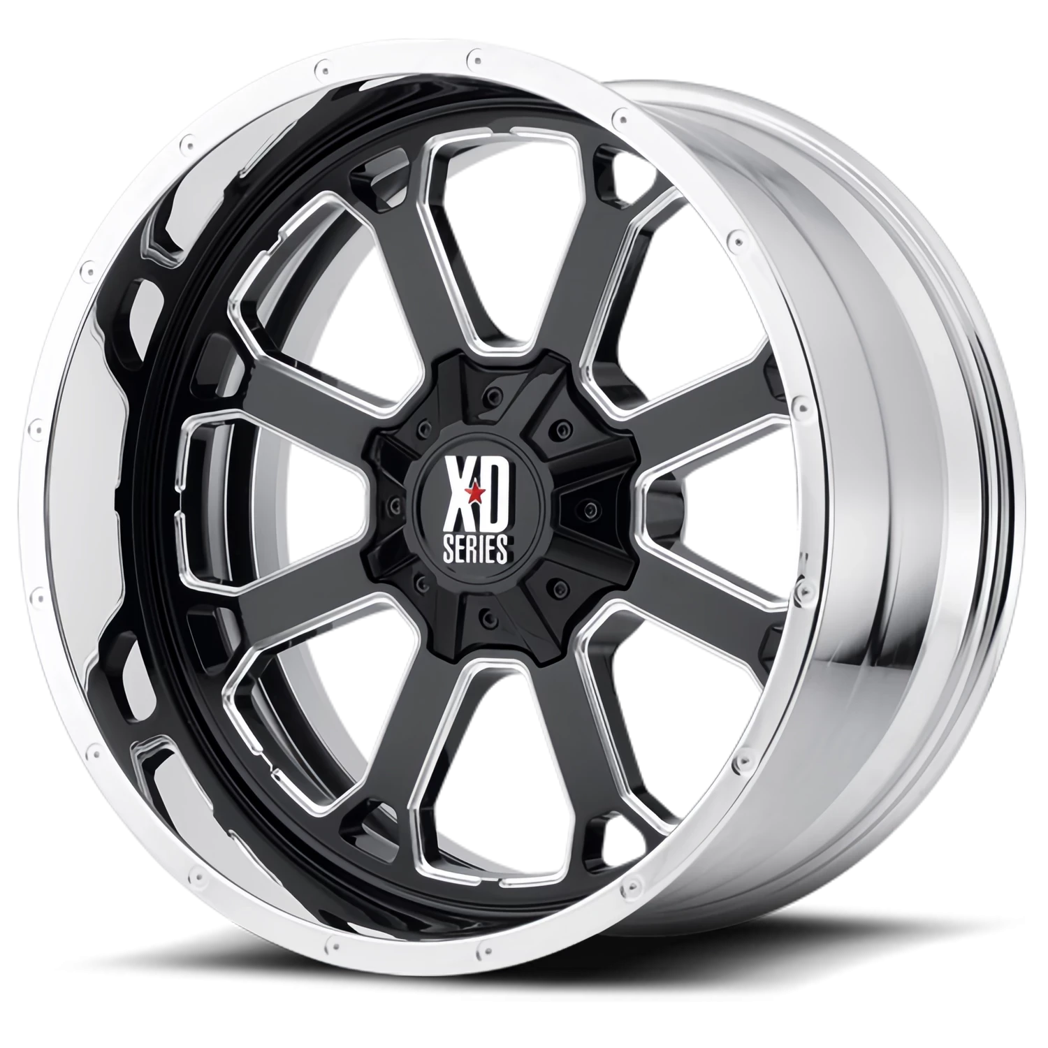 XD Series Buck 25 20x10" 6x135mm 87.1mm CB -18mm Gloss Black Milled Center-Chrome Lip