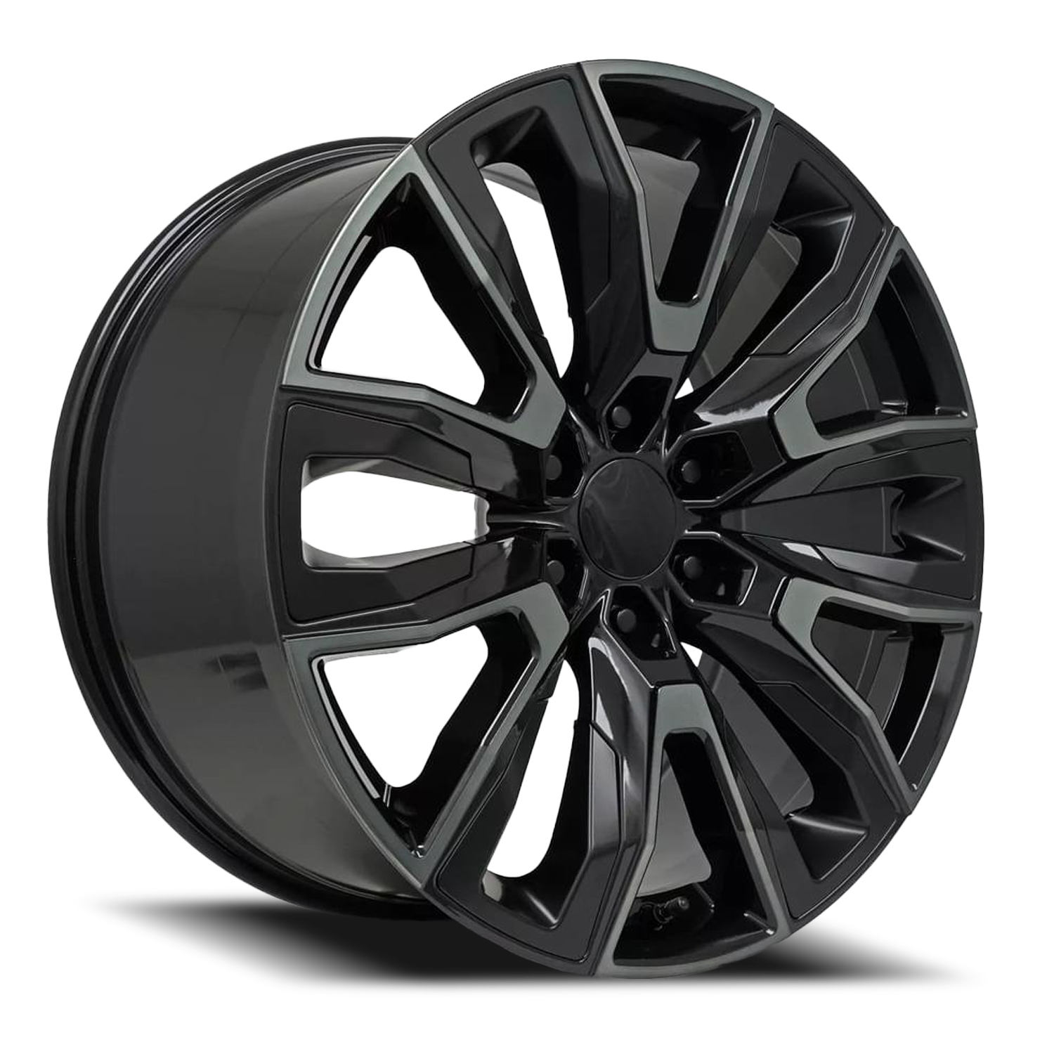 Factory Reproductions FR 207 GM Split 6 Spoke Replica GB 22x9 +28 6x139.7mm 78.1mm Gloss Black Machined Face-Dark Clear Satin Black Inserts
