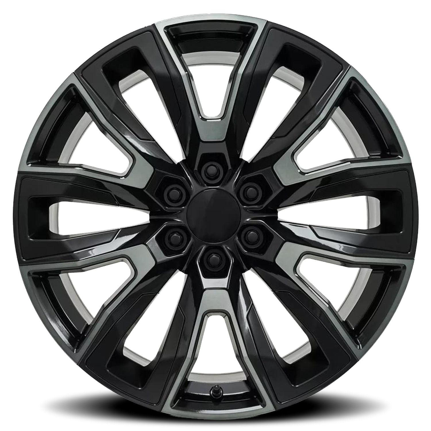 Factory Reproductions FR 207 GM Split 6 Spoke Replica GB 22x9 +28 6x139.7mm 78.1mm Gloss Black Machined Face-Dark Clear Satin Black Inserts