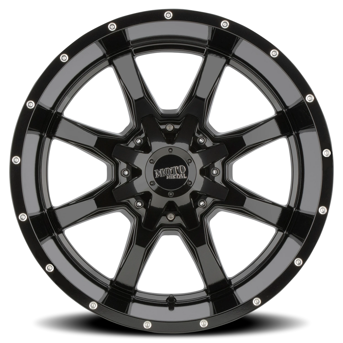 Moto Metal MO970 20x9 +0 6x135mm 106.1mm Gloss Black Milled Rivets