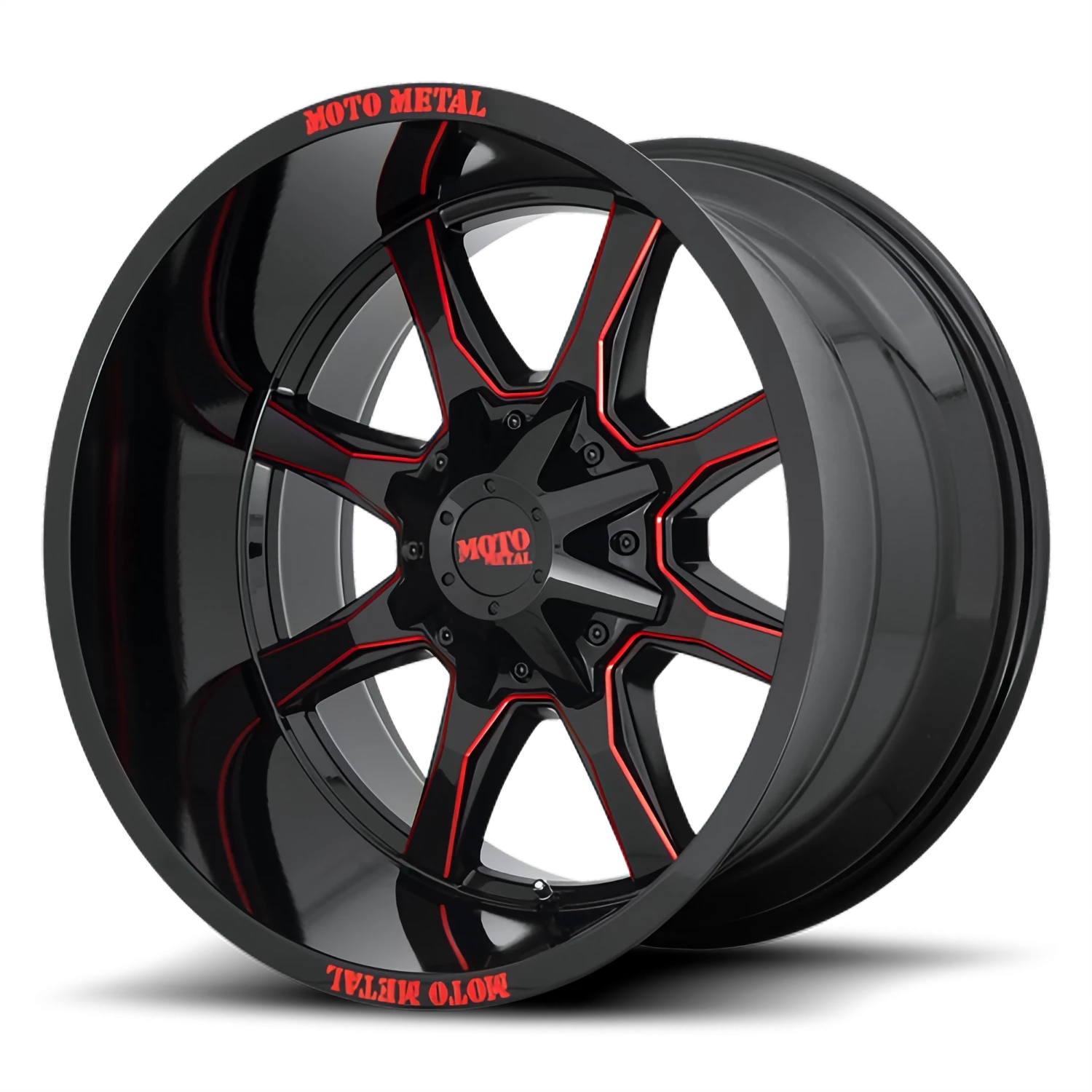 Moto Metal MO970 20x10" 8x180mm 124.2mm CB -18mm Gloss Black Milled-Red Accents