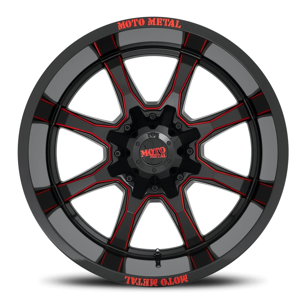 Moto Metal MO970 20x10" 8x180mm 124.2mm CB -18mm Gloss Black Milled-Red Accents