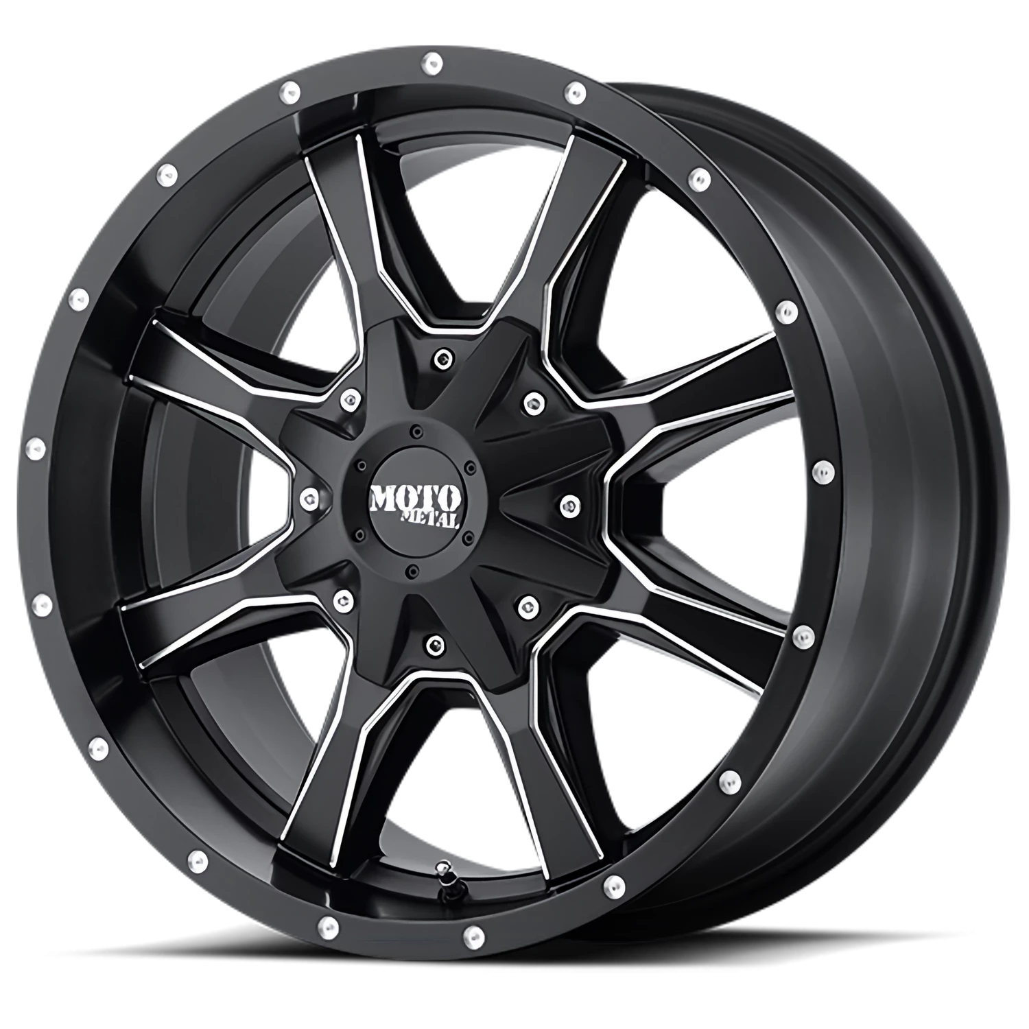 Moto Metal MO970 22x12" 6x135mm 106.1mm CB -44mm Semi Gloss Black Milled Spoke-Milled Rivets