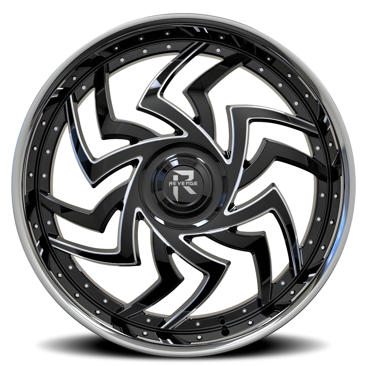 Revenge Luxury RL107-Big Floater Cap Special Edition 24x9" 5x115mm 74.1mm CB +15mm Black Milled Windows-Chrome Stainless Steel Lip