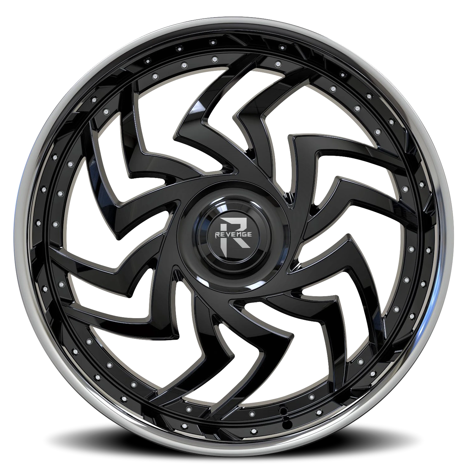 Revenge Luxury RL107-Big Floater Cap Special Edition 24x9" 5x115mm 74.1mm CB +15mm Gloss Black Chrome Stainless Steel Lip