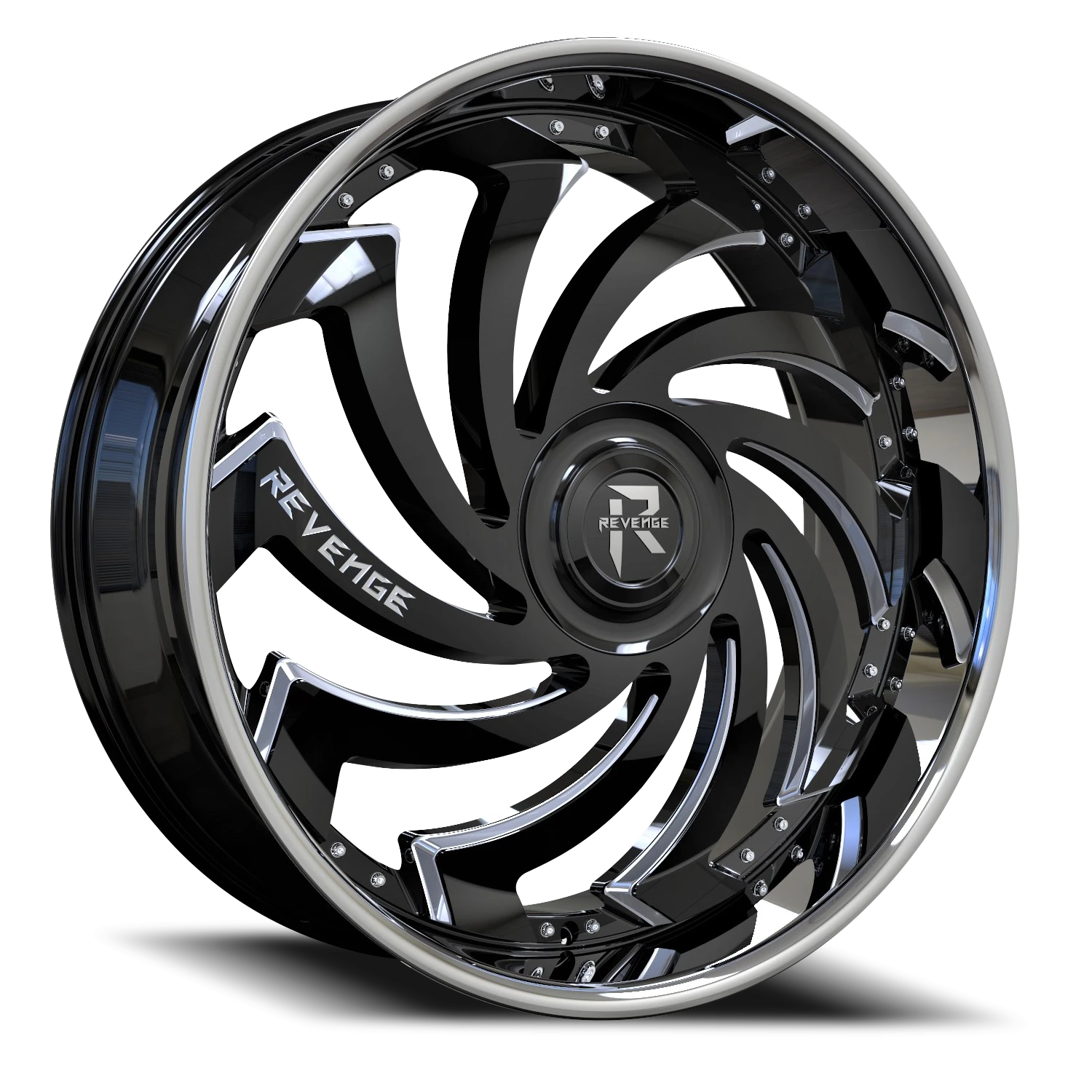 Revenge Luxury RL108-Big Floater Cap Special Edition 26x9.5" 6x135mm 87.1mm CB +25mm Black Milled Windows-Chrome Stainless Steel Lip