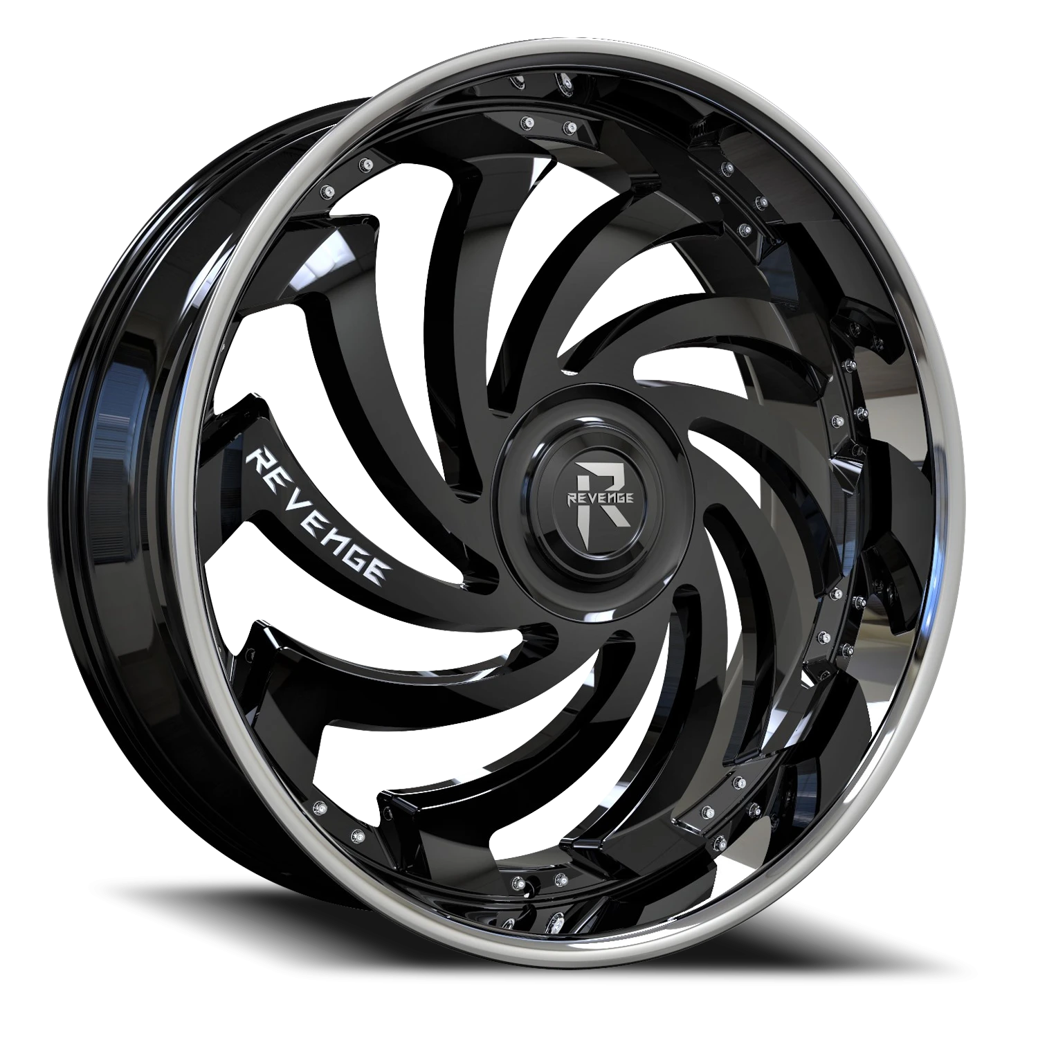 Revenge Luxury RL108-Big Floater Cap Special Edition 26x9.5" 6x135mm 87.1mm CB +25mm Gloss Black Chrome Stainless Steel Lip