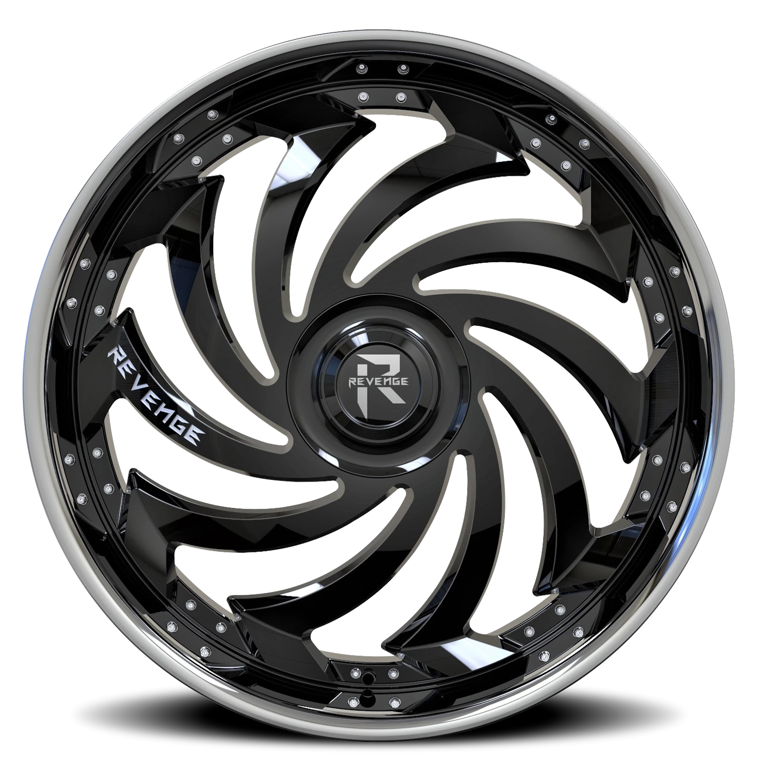 Revenge Luxury RL108-Big Floater Cap Special Edition 26x9.5" 6x135mm 87.1mm CB +25mm Gloss Black Chrome Stainless Steel Lip