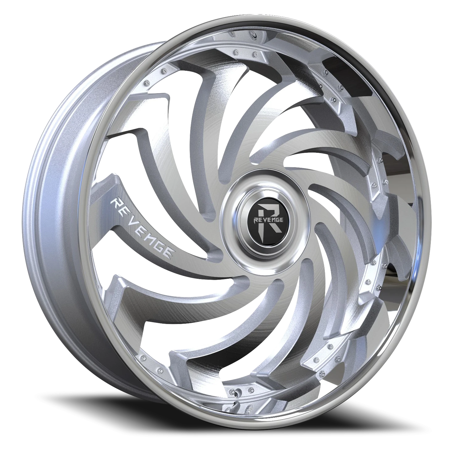 Revenge Luxury RL108-Big Floater Cap Special Edition 26x9.5" 6x135mm 87.1mm CB +25mm Brushed Silver Chrome Stainless Steel Lip