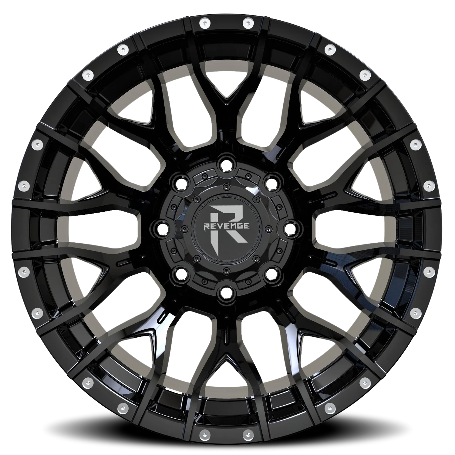 Revenge Offroad RV201 22x12" 8x165.1mm 125.2mm CB -44mm Gloss Black Rivets