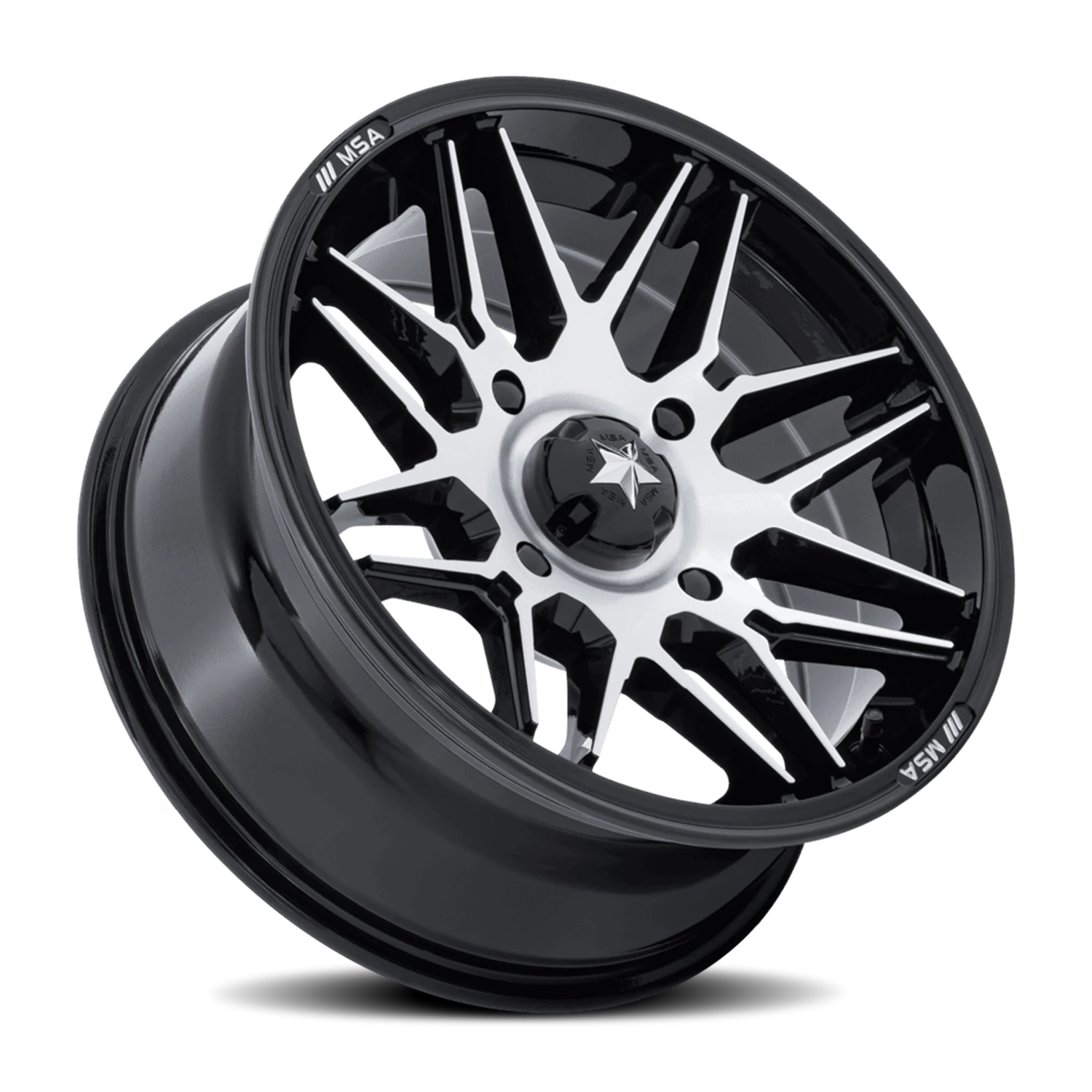 MSA Radar UTV 14x7" 4x110mm 86mm CB +10mm Gloss Black Machined Face