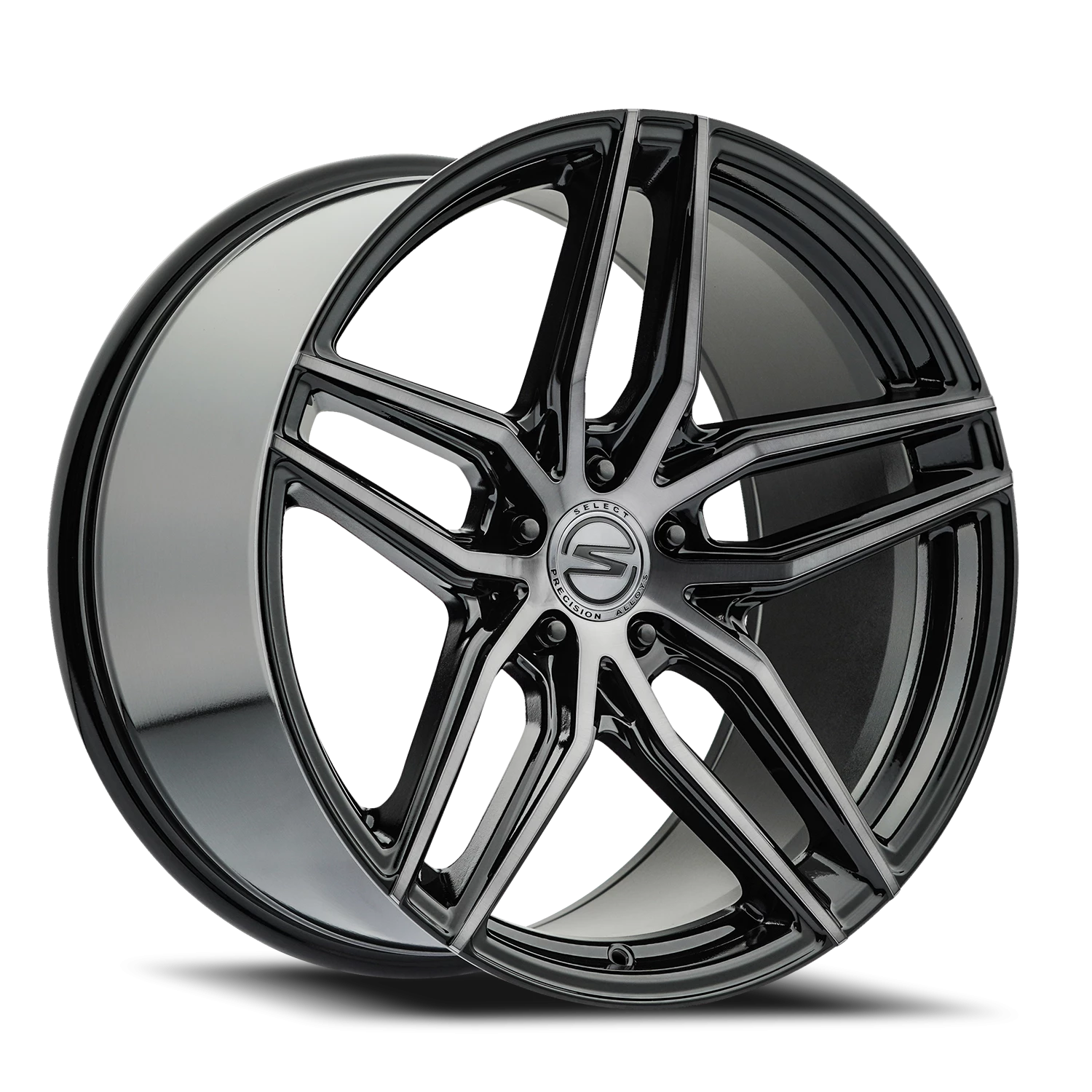 Select Precision Alloys Shadow 19x8.5" 5x112mm 66.53mm CB +20mm Gloss Glossy Black Brushed DDT Face Clear